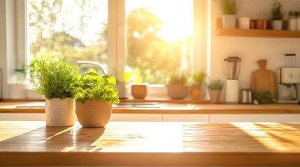 A sunny modern kitchen with wooden counter, a window in front showing sunny day, natural light, bright colors, warm tones, closeup shot, wooden worktops, blurred background. generative AI