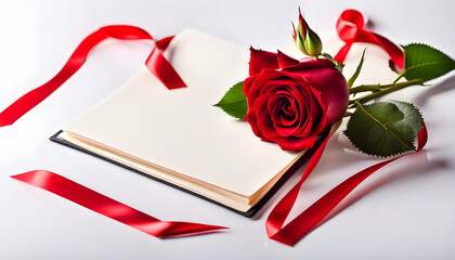 White folded letter wrapped with red rose and elegant red ribbon