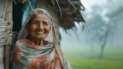 Foto auf gebürstetem Alu-Dibond Heringsdorf, Deutschland Elderly Indian Rural Woman outside her house in the village