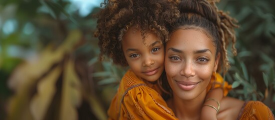 portrait of woman being hugged by her daughter, vegetation background - obrazy, fototapety, plakaty