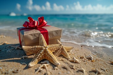 Fototapeta na wymiar A charming gift box adorned with a red ribbon and a starfish set against the picturesque backdrop of the azure sky, sandy beach, and tranquil oceanic landscape