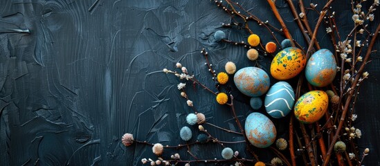 A still life arrangement of decorated Easter eggs, dry willow branches, on a black wooden background, viewed from above with space for text. - obrazy, fototapety, plakaty
