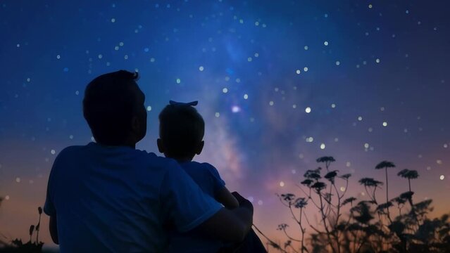 The fourth image captures a parent and child duo sitting outside at night gazing up at the stars. The parent points out different constellations sharing stories about the
