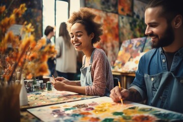 A group of art school students are standing around an easel in the classroom, closely following the lesson their teacher is teaching. Adult students are fond of coloring and drawing.