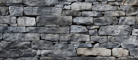 A detailed closeup of a stone wall featuring a variety of rectangular bricks forming a beautiful pattern in the building material