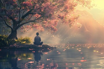 A tranquil meditation scene under a cherry blossom tree beside a reflective lake with soft sunlight piercing through