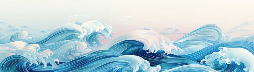 A background inspired by Japanese wave art featuring stylized waves in a calming blue palette