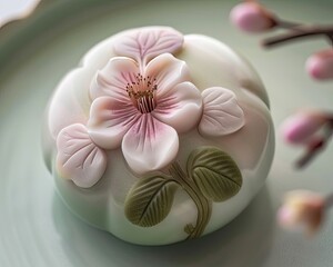 Obraz na płótnie Canvas Close-up of a beautifully crafted wagashi inspired by seasonal motifs and natural beauty