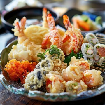 Detailed view of a tempura platter focusing on the light