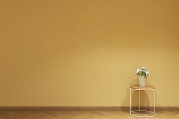 3d rendering of interior background. Side table and flower vase on the yellow wall. Set 4