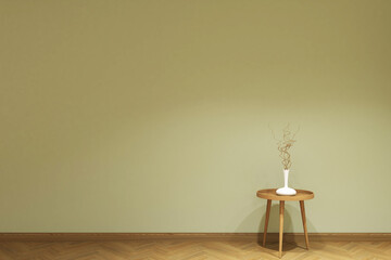 3d rendering of interior background. Side table and flower vase on the green wall. Set 3