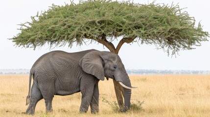  an elephant is standing under a tree in a field of dry grass with a blue sky in the back ground.