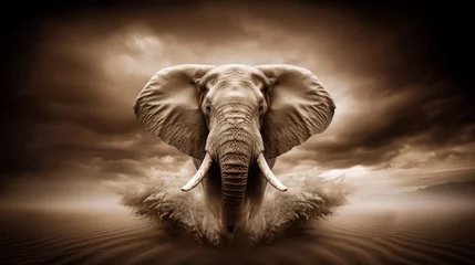 Foto op Canvas  an elephant standing in the middle of a body of water with a dark sky in the background and clouds in the background. © Olga
