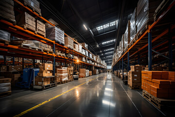 packaging workshop of an industrial production enterprise with boxes of finished products. business industry