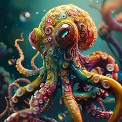 Colorful Octopus With Bubbles Floating in the Air