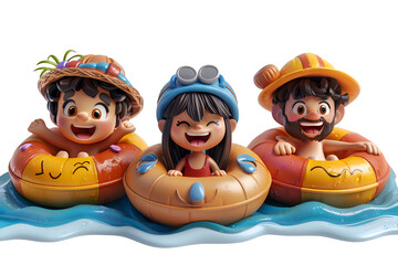 A joyful 3D cartoon depiction of smiling friends floating down a lazy river in a whimsical tube.