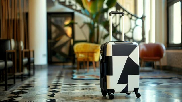 A spacious black suitcase with a bold geometric pattern design perfect for a stylish traveler.