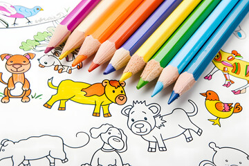 知育教育でこどものための塗り絵の本と並べられた色鉛筆