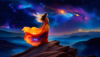 Fototapeta na wymiar A woman in a flowing dress standing on a cliff with the stars and galaxy in the background