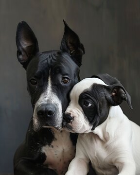 Two black and white American Staffordshire Terrier dogs. Studio shot.