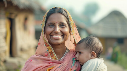Indian Village Woman Mother holding her child - obrazy, fototapety, plakaty