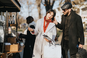 Two professional colleagues engaging in a casual conversation while taking a coffee break on a sunny winter day, exemplifying an informal business meeting outdoors.