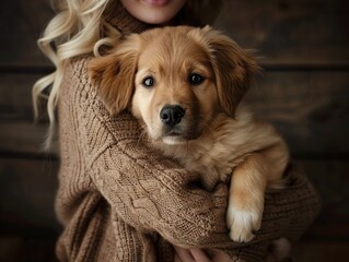 Young woman with cute golden retriever puppy in arms on wooden background, closeup