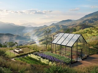A greenhouse with a garden inside is surrounded by a lush green field. The garden is filled with various plants and flowers, and the greenhouse is made of glass. The scene is peaceful and serene
