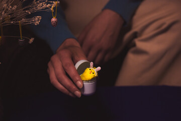 Woman holding a toy chicken egg in hands with a yellow funny little chick with bunny rabbit's ears...