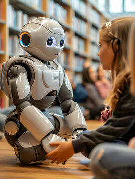 In a visionary school humanoid robot teachers use advanced AI to provide personalized learning experiences merging technology with the human touch to inspire and educate.