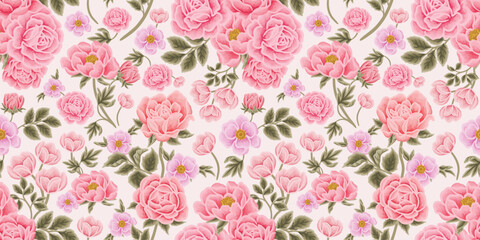 Hand drawn vintage rose, peony, tulip flower vector seamless pattern illustration for paper wrapping, decoration, birthday gift, organic floral products, nature brand elements