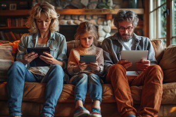 The family is leisurely sitting in the room, sharing tablets and engaging in fun conversations. Their thighs are touching as they enjoy this interactive and artistic event