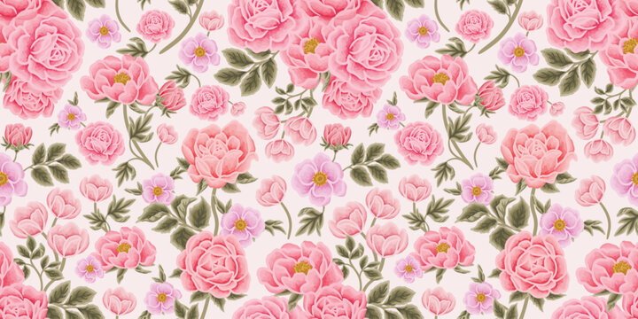 Hand drawn vintage rose, peony, tulip flower vector seamless pattern illustration for paper wrapping, decoration, birthday gift, organic floral products, nature brand elements