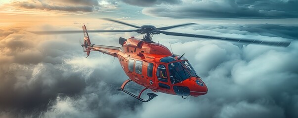 A red helicopter, a type of rotorcraft vehicle capable of air travel, is navigating through the clouds in the fluid medium of the sky, showcasing the marvel of aviation - obrazy, fototapety, plakaty