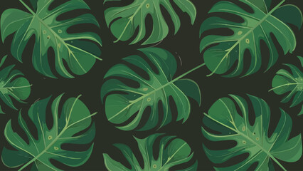 Vintage Green Monstera leaves on a seamless background, flat vector design.