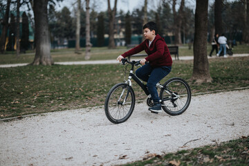 Naklejka premium A boy riding his bicycle through a park, exemplifying an active and joyous childhood outdoors.