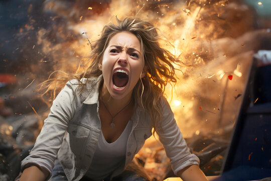 expression emotionally very angry business woman at work in the office against the background of fire. conflict, crisis, stress in business. problems working in a team