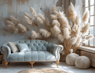A white studio couch sits on hardwood flooring in a living room with pampas grass in a wood planter in front of a window