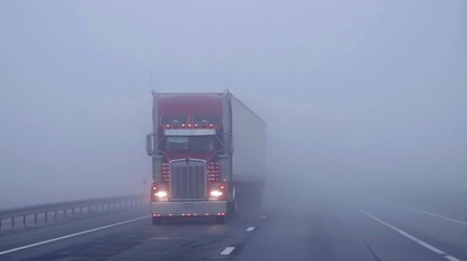 A semi truck jackknifed on a highway partially hidden in a dense fog.