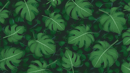 Vintage Green Monstera leaves on a seamless background, flat vector design.