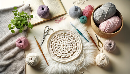 Crochet Project with Yarn Balls and Hook on Fluffy Rug - obrazy, fototapety, plakaty
