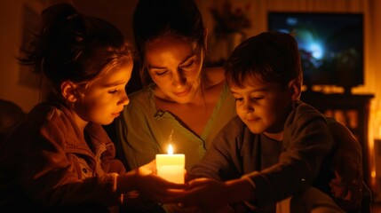 A family huddling around a single candle in a dimly lit living room the TV screen showing static due to the power outage. Outside the sun is still shining but the neighborhood