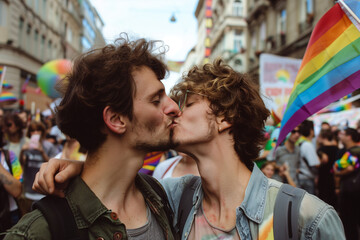 Gay couple kissing at lgbt pride parade, full of passion and romanticism two men in the streets of the march in celebration with rainbow flags - obrazy, fototapety, plakaty