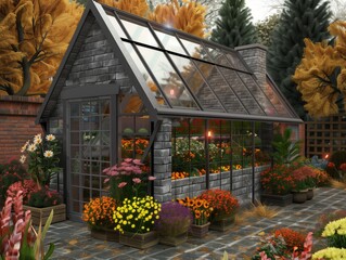 A greenhouse with a brick wall and a glass roof. Inside, there are many flowers, including yellow and orange ones
