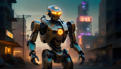 Fototapeta premium A digital painting of a humanoid robot in a destroyed cityscape with a red sky and glowing neon lights.