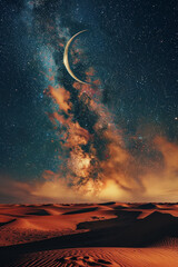Generative AI Image of Arabian Desert View with Crescent Moon and Galaxy in Night Sky - obrazy, fototapety, plakaty