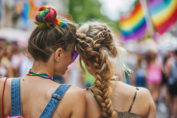 Lesbian couple at gay pride parade, two women in love with their heads resting on each other in the middle of the street in lgbt celebration