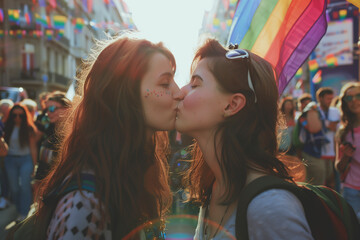 Lesbian couple kissing in the gay pride parade, tender image of two women in the middle of the lgbt celebration march in the streets