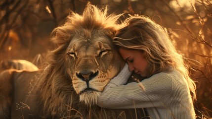a girl hugging a big lion at sunset