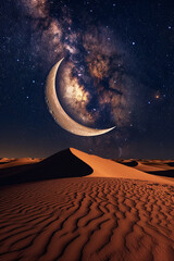 Generative AI Image of Arabian Desert View with Huge Crescent Moon and Galaxy at Night - obrazy, fototapety, plakaty